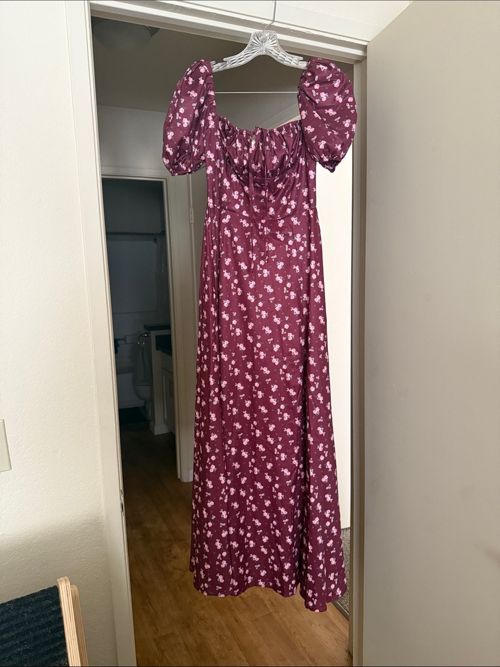 Women’s Burgundy Floral Puff-Sleeve Maxi Dress with a mid thigh slit